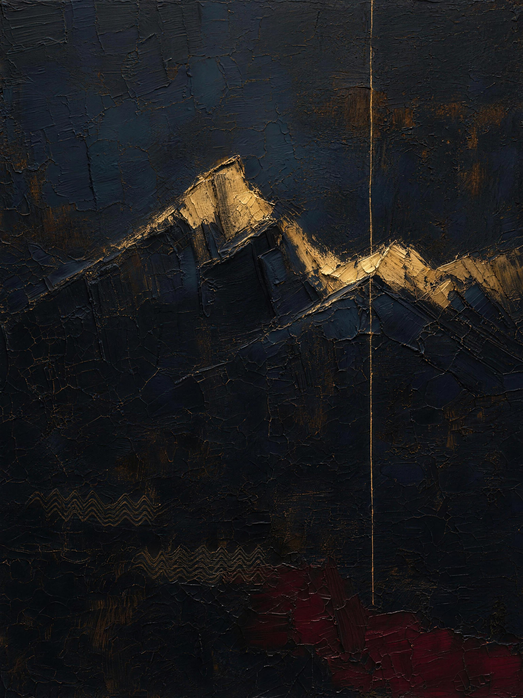 Mountain, dark palette — collagen crimp rendered as a gold-lit ridgeline on near-black textured canvas