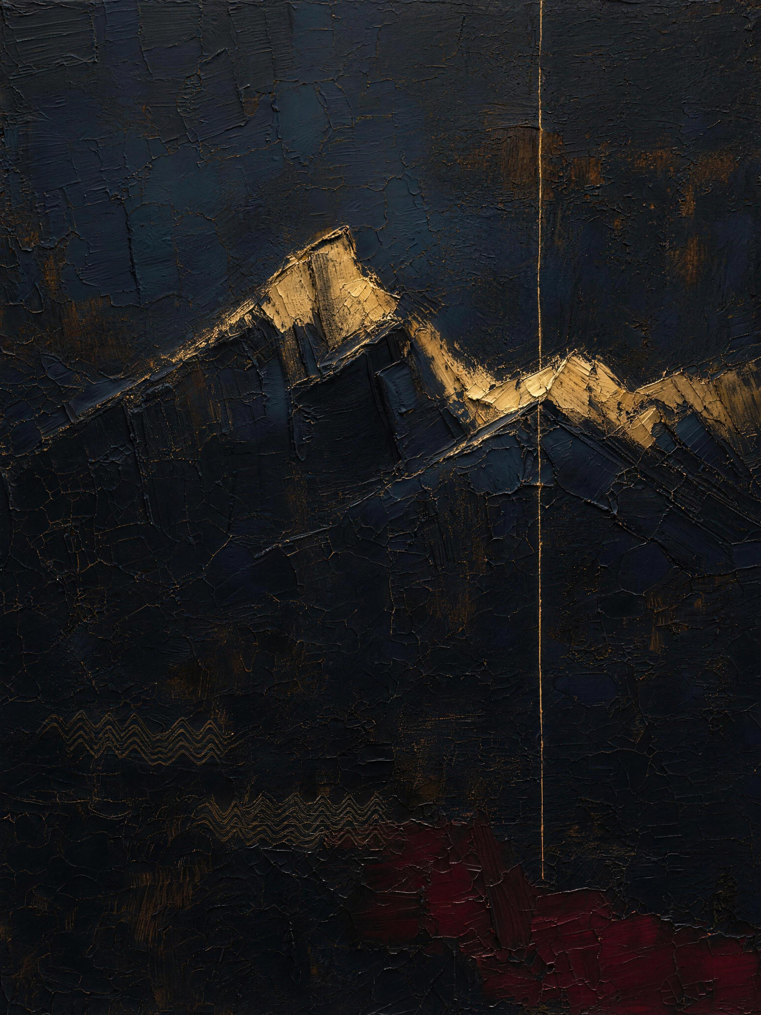 Mountain, dark palette — collagen crimp rendered as a gold-lit ridgeline on near-black textured canvas