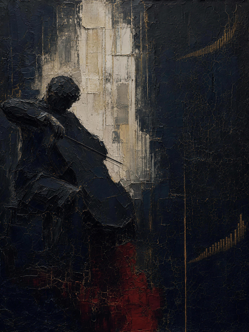 Cellist, dark palette — cochlear hair cells rendered as a figure with a cello