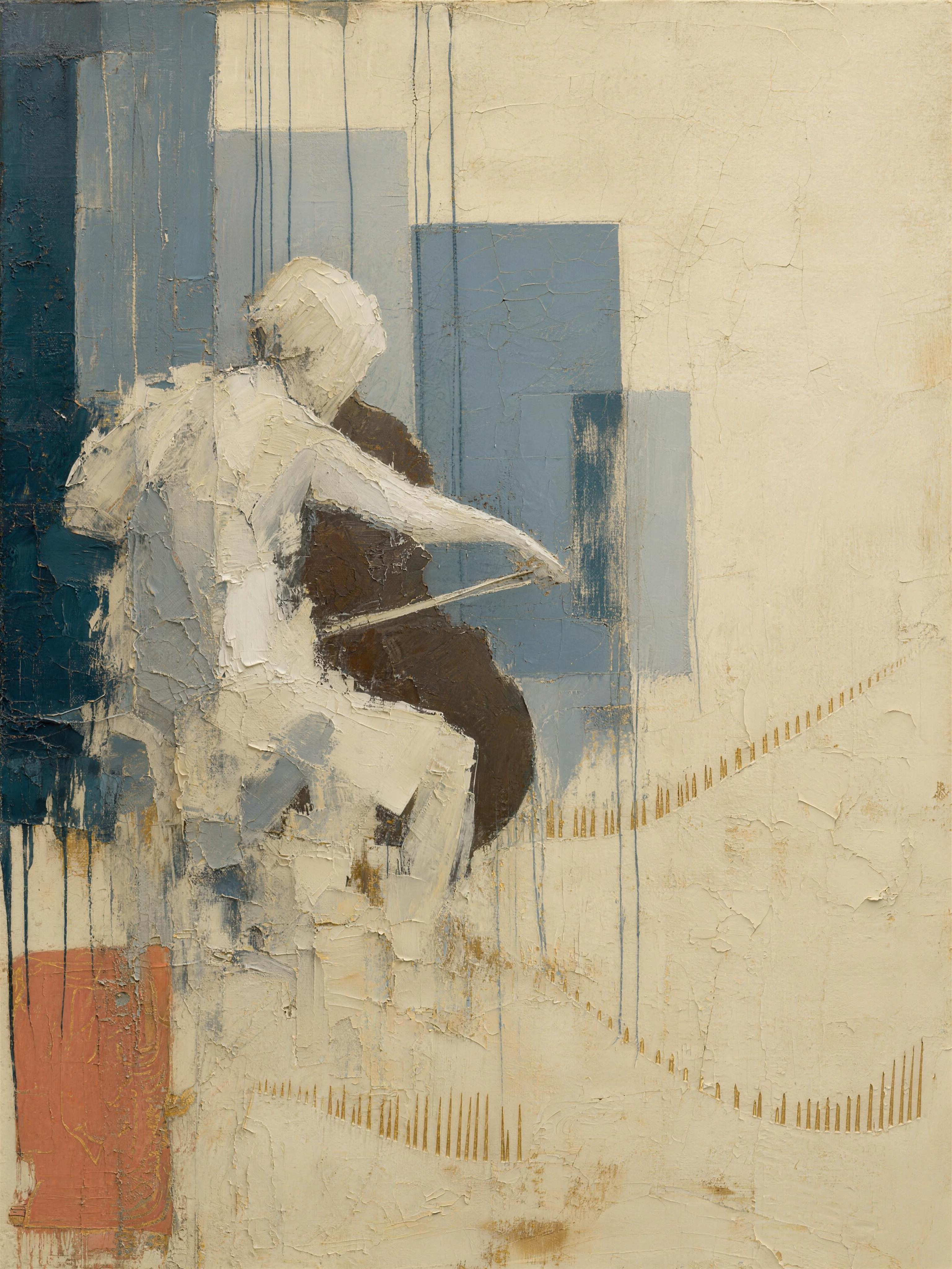 Cellist, light palette — cochlear hair cells rendered as a figure with a cello