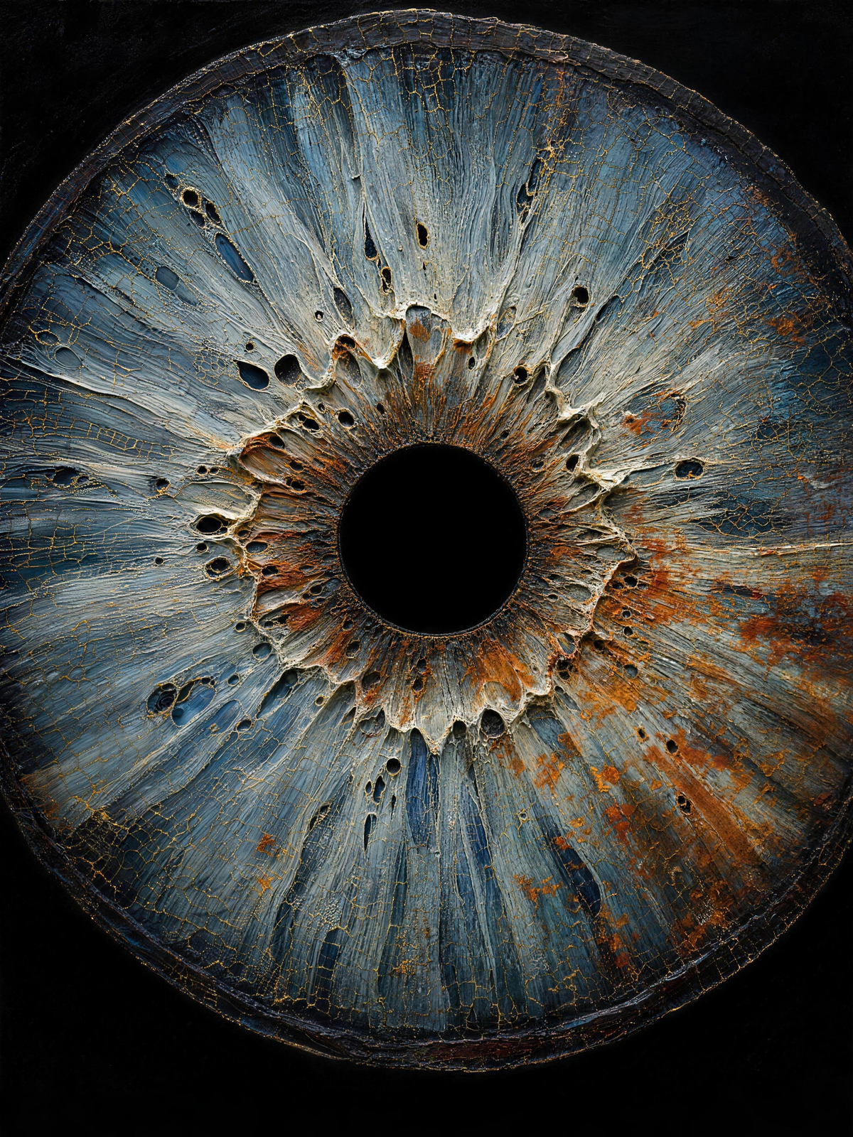 Iris Blue Rust — Dark palette, 18 x 24 in float framed canvas