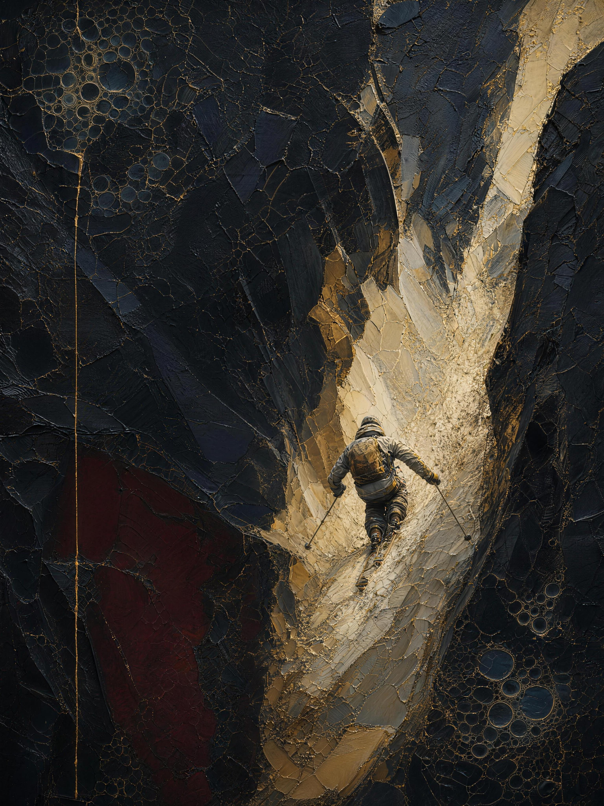 Skier II — Dark palette, 18 x 24 in float framed canvas