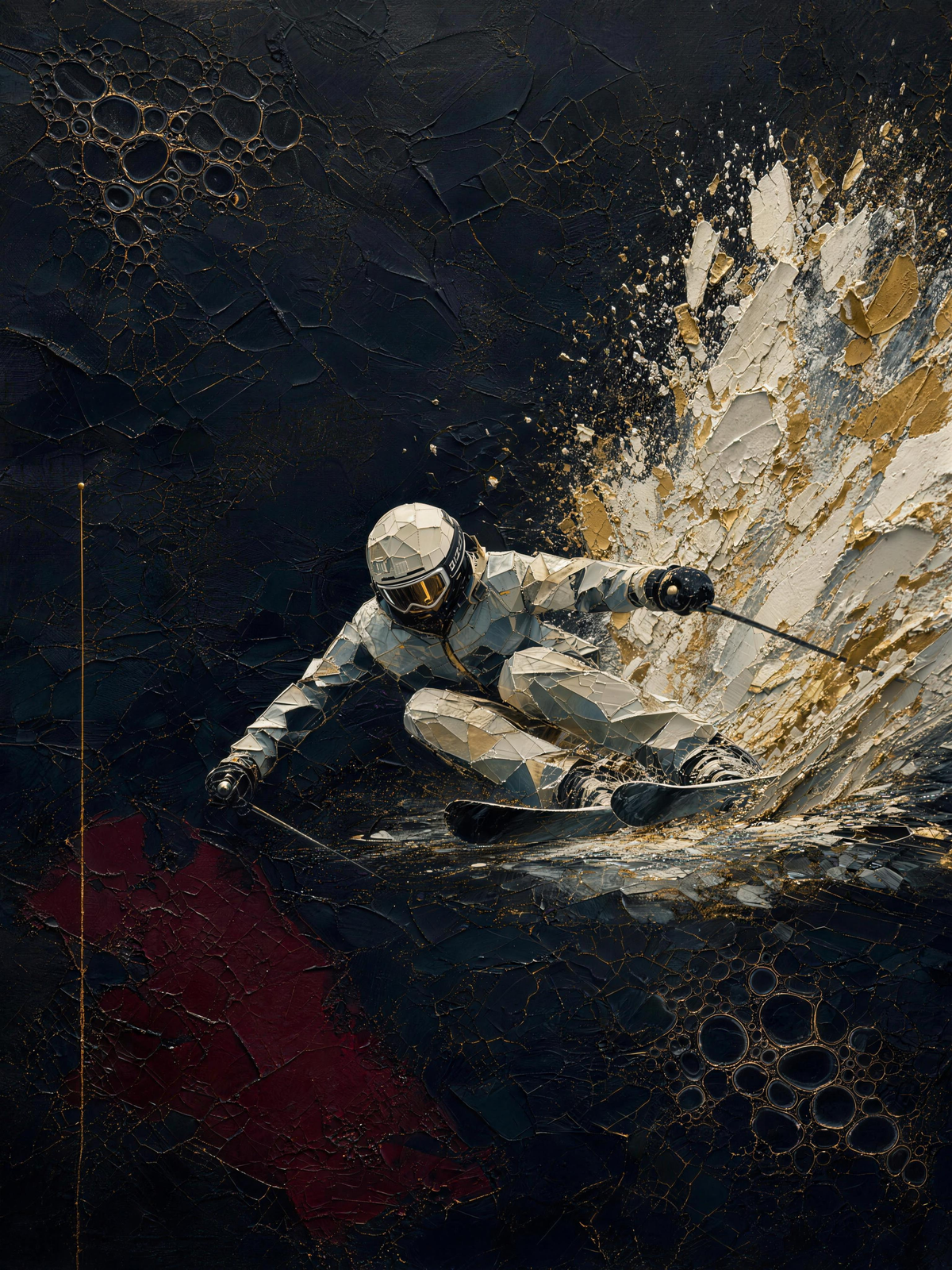 Skier IV — Dark palette, 18 x 24 in float framed canvas